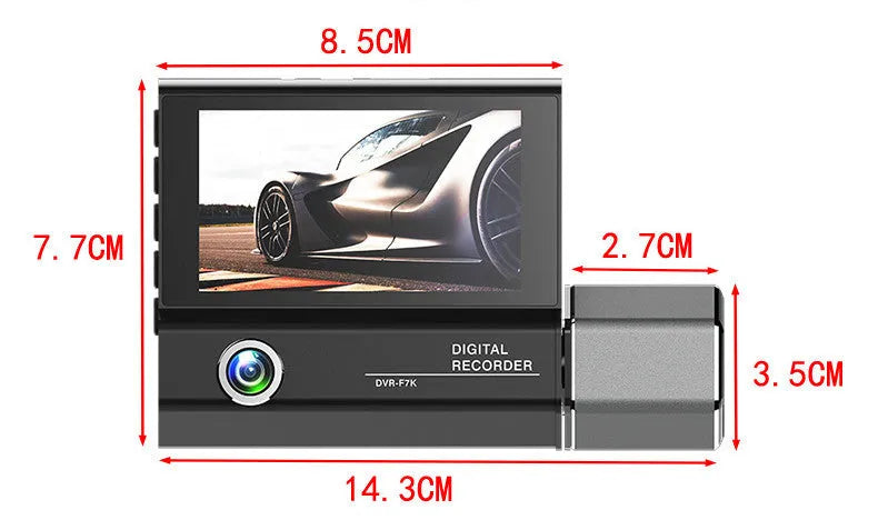 Black three-lens car camera tachograph with 1080P HD recording and 170° wide angle