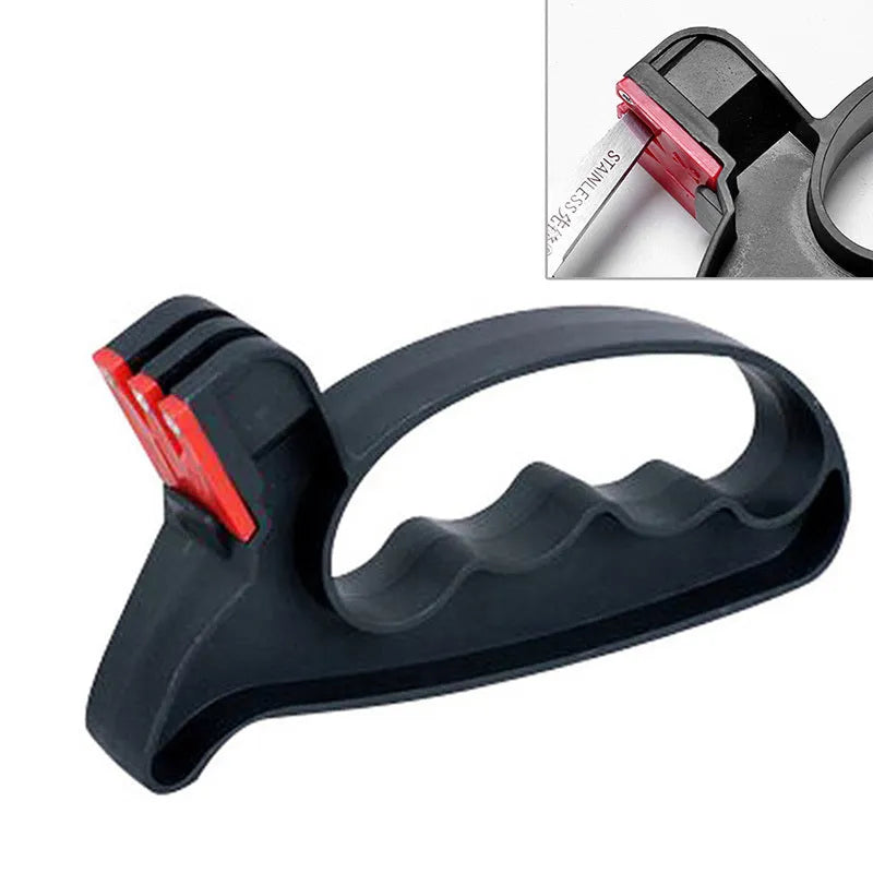 Black handheld knife and scissor sharpener with ergonomic grip on white background