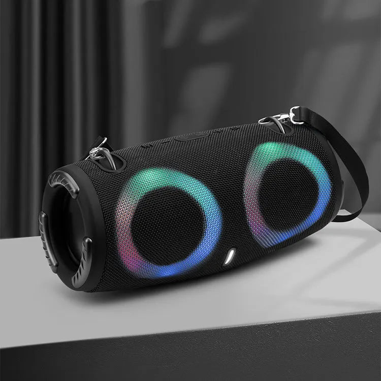 Portable war drum design Bluetooth speaker with RGB coloured lights in blue, black, red, silver grey, or camouflage.
