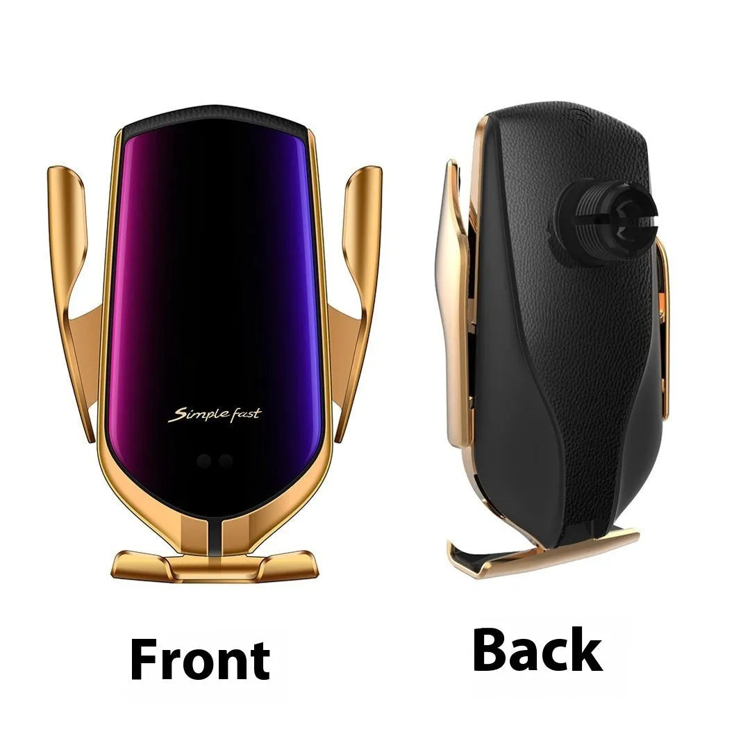 Snap-on wireless charger mobile phone holder in black finish on a desk