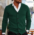 Men's slim fit acrylic cardigan sweater in dark grey, hanging on a hanger.