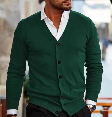 Men's slim fit acrylic cardigan sweater in dark grey, hanging on a hanger.