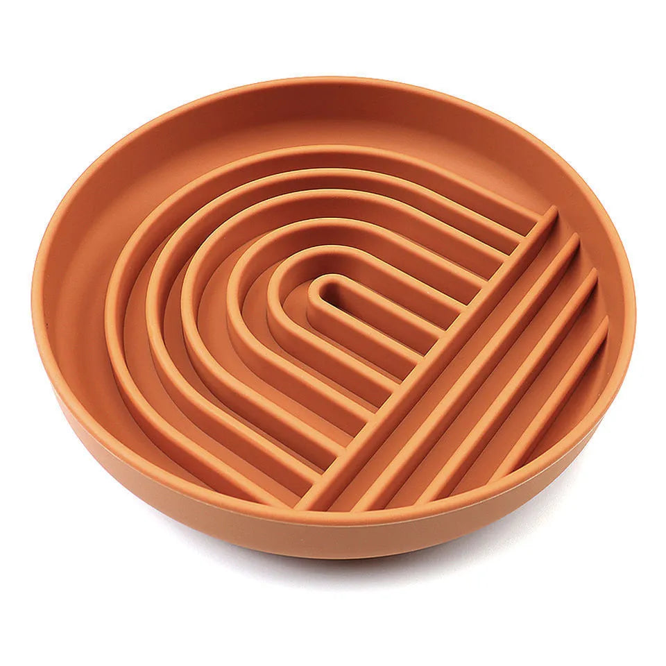 Silicone slow feeder dog bowl with ridges in beige, charcoal, blue, yellow, green, or red