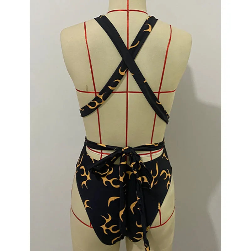 Ladies flame pattern bikini swimsuit in polyester fibre, two-piece swimwear available in sizes S, M and L