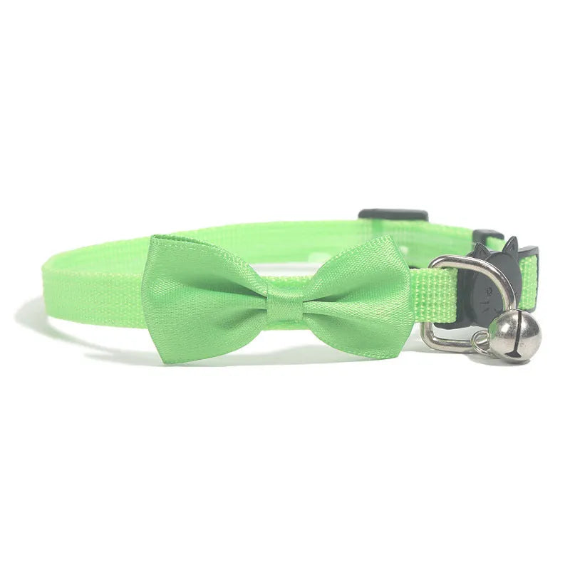Adjustable nylon cat collar with decorative bow and bell in striped pattern multiple colours