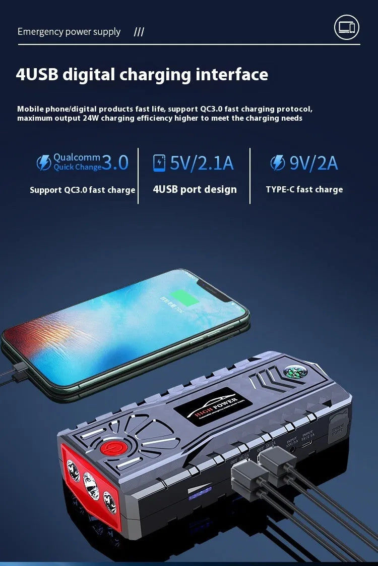 Portable automobile emergency jump starter power source with LED light in ABS toolbox-style casing.