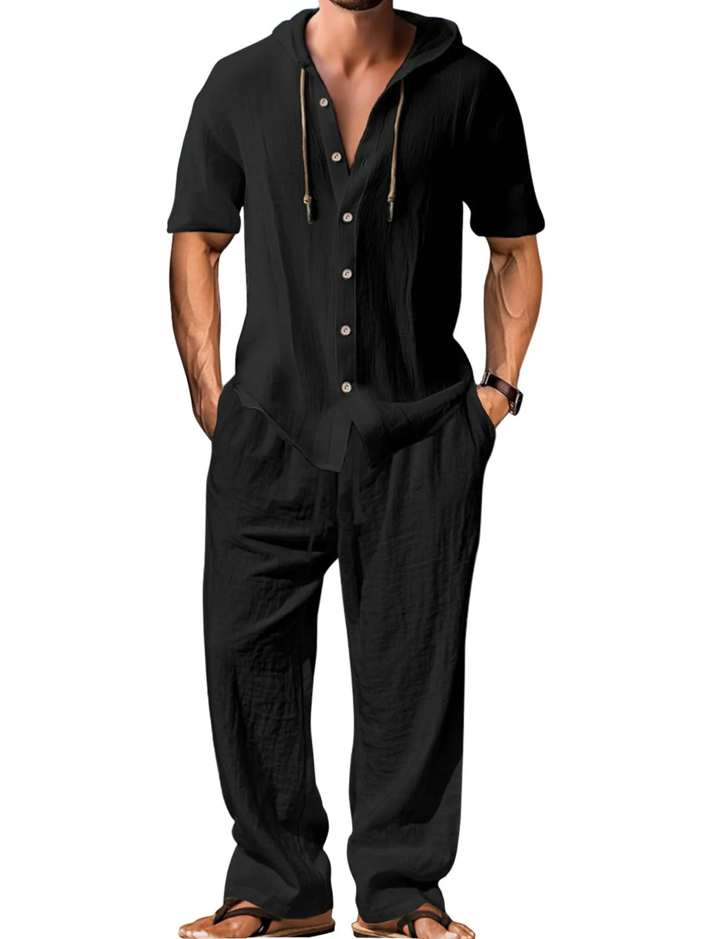 Men's casual cotton sports suit set with long sleeve top and trousers on a hanger.