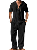 Men's casual cotton sports suit set with long sleeve top and trousers on a hanger.