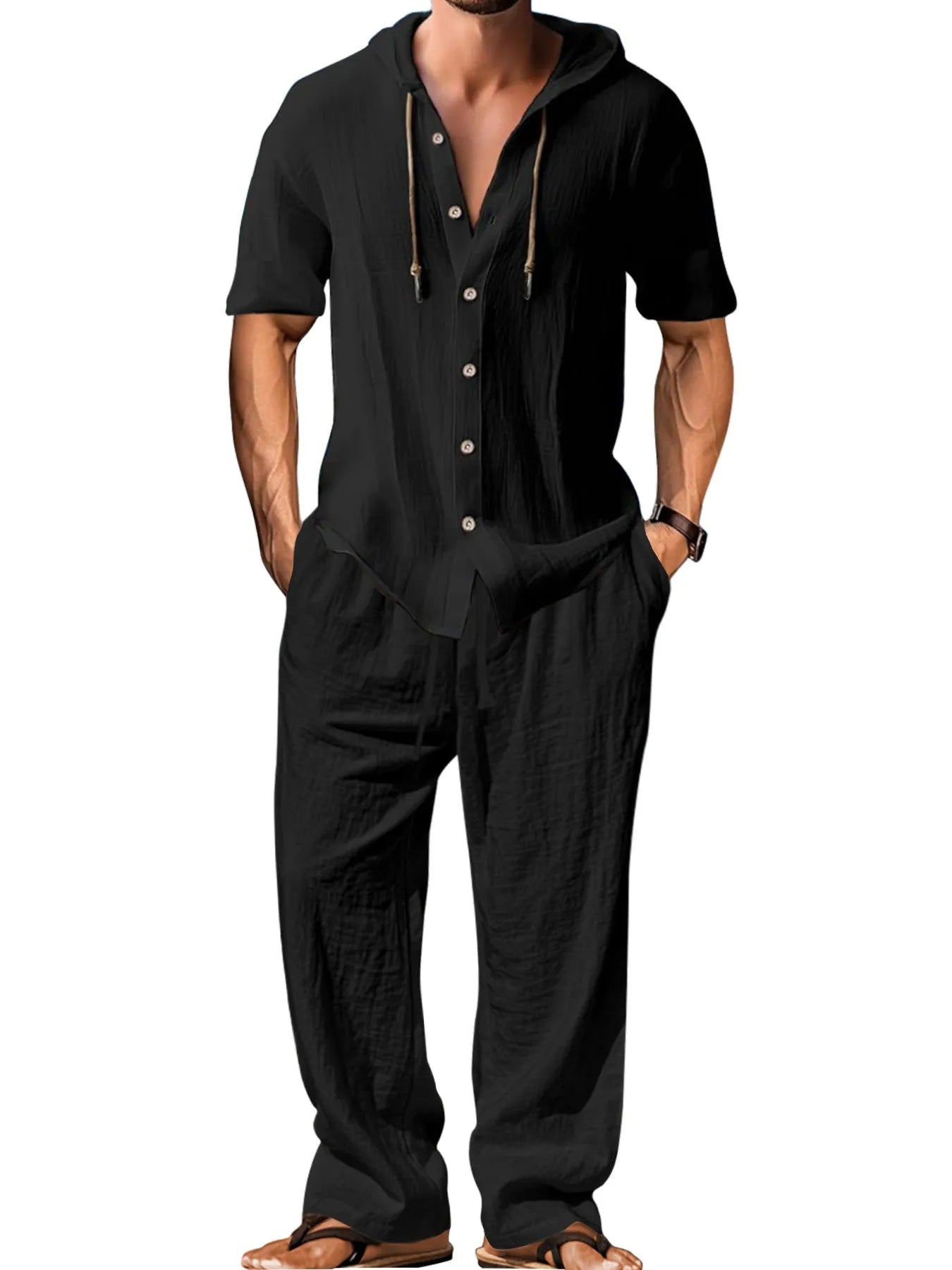 Men's casual cotton sports suit set with long sleeve top and trousers on a hanger.