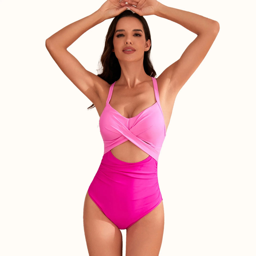 Women's high waist one-piece swimsuit with hollow design in solid colour options showing spandex lining construction