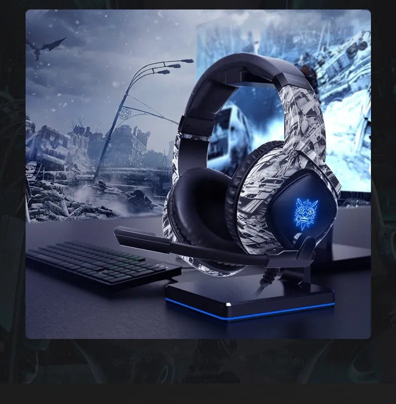 Camouflage Gray wired RGB gaming headset with head-mounted design and 3.5mm plug