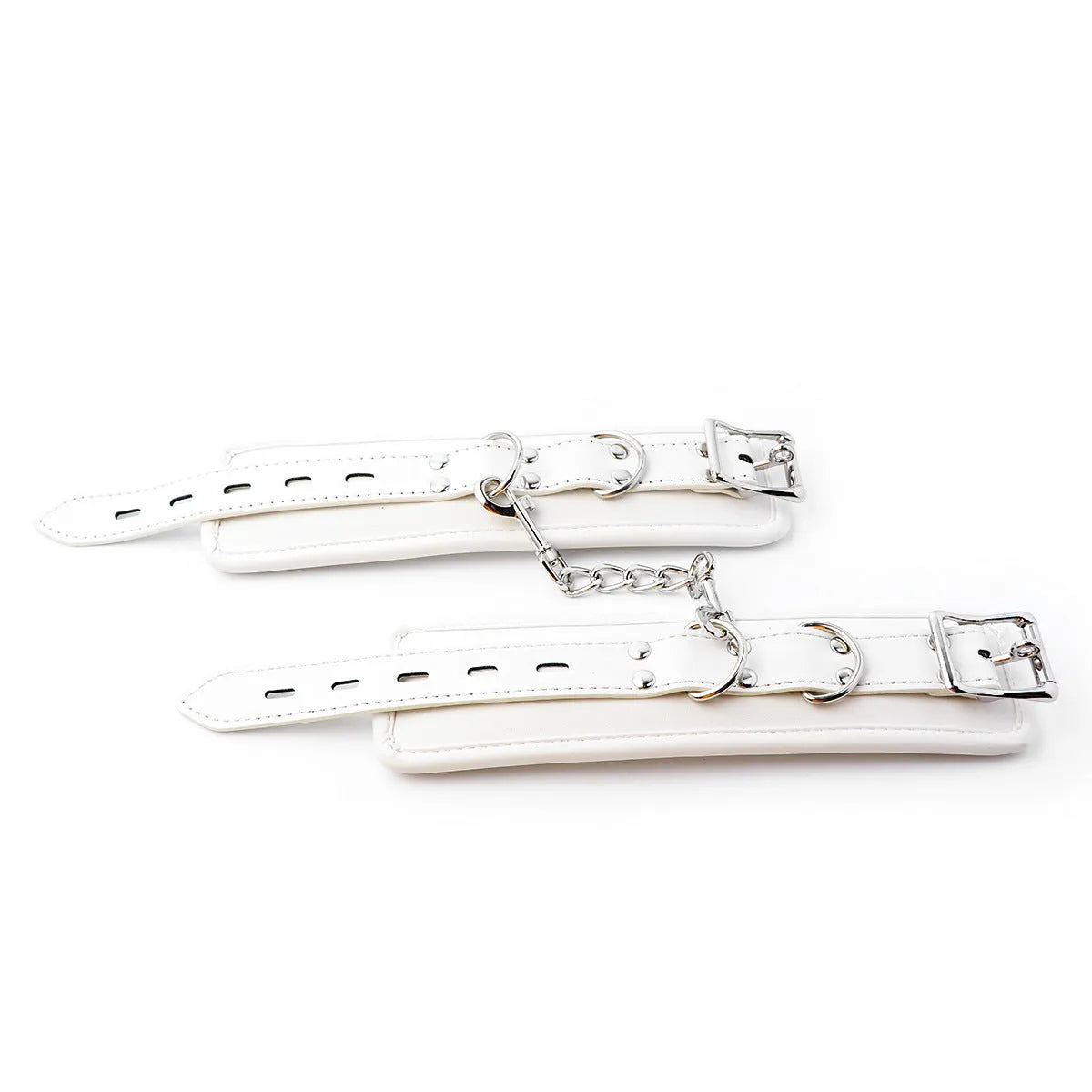 White PU sponge bondage set showing handcuffs, foot cuffs, and a neck scarf arranged together.