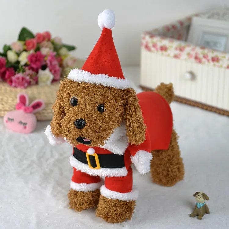 Red polar fleece Santa Claus costume for a small dog standing on a festive background.