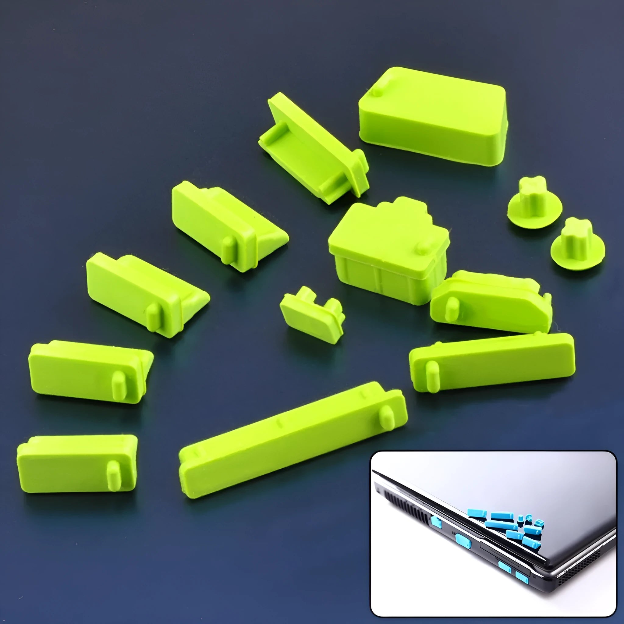 13 piece silicone laptop dust plug set including VGA, USB, HDMI, audio, RJ45, SD, and 1394 plugs in assorted colours