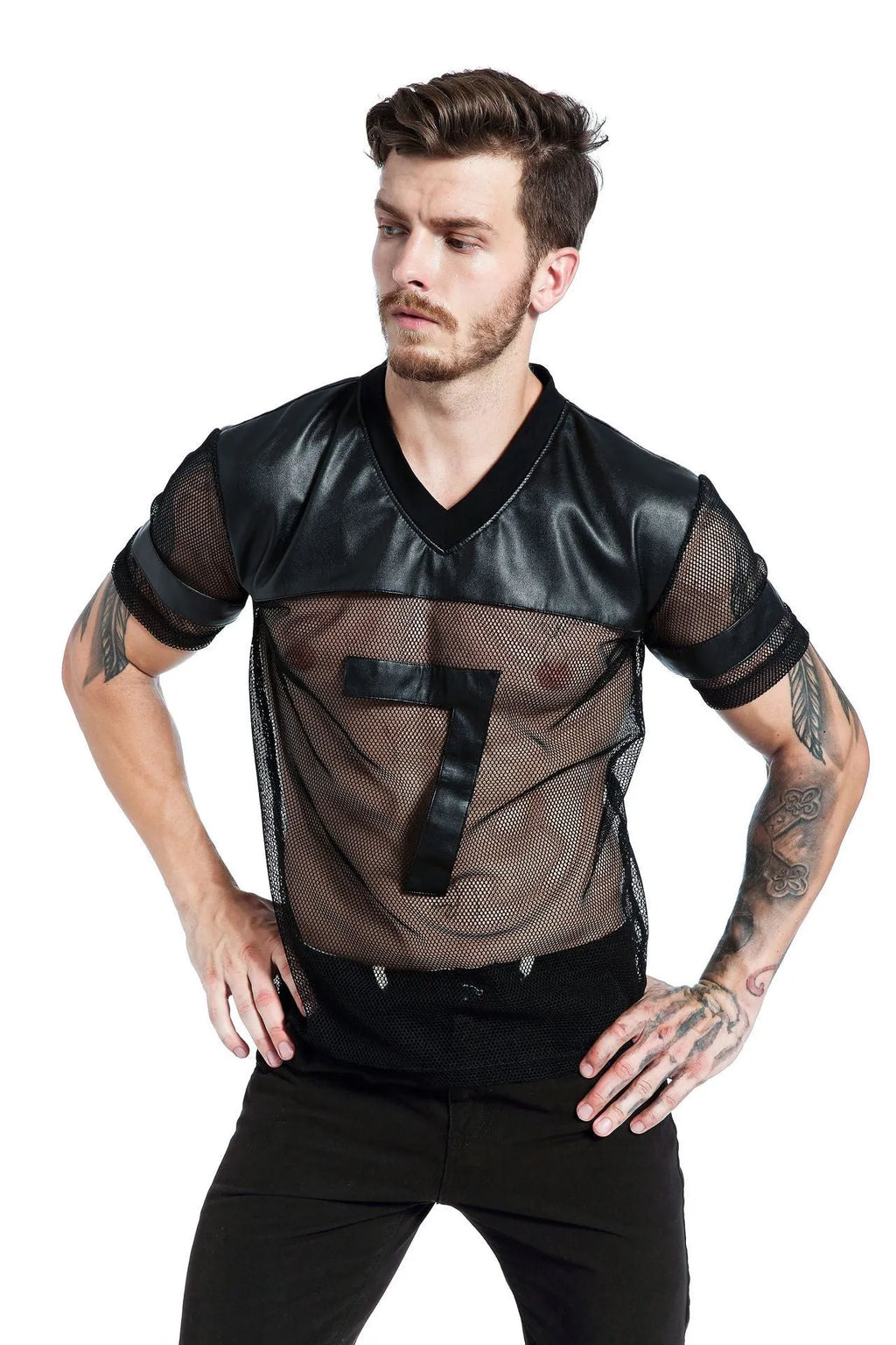 Black men's V-neck running T-shirt with stitching detail and breathable mesh polyester fabric