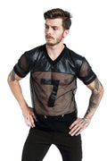 Black men's V-neck running T-shirt with stitching detail and breathable mesh polyester fabric