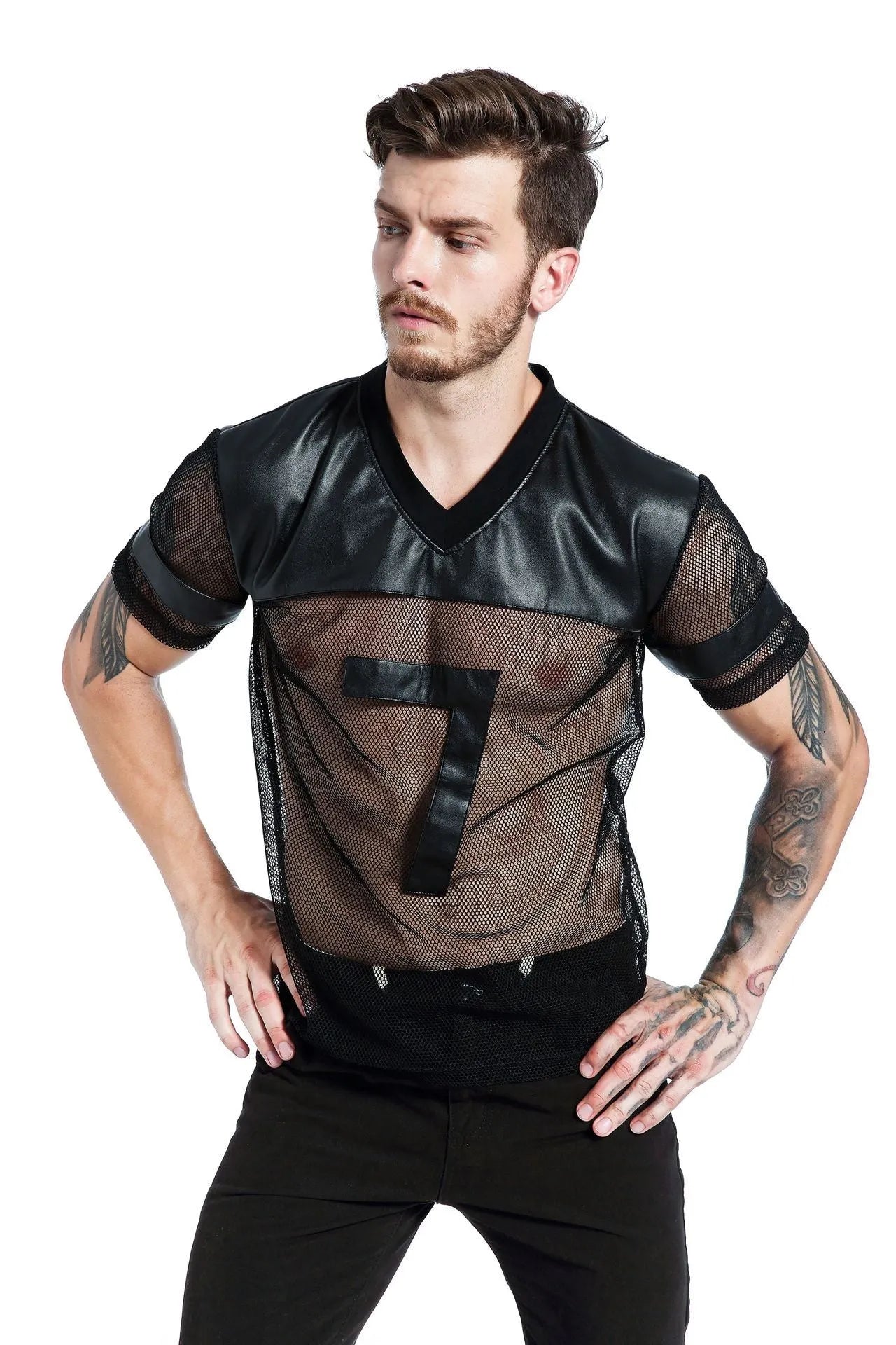 Black men's V-neck running T-shirt with stitching detail and breathable mesh polyester fabric