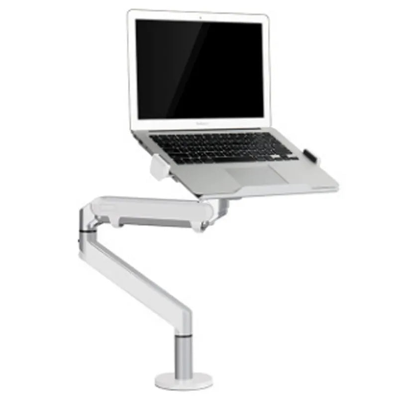 Silver aluminium Free Hover adjustable laptop and monitor arm bracket extended on a desk.