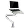 Silver aluminium Free Hover adjustable laptop and monitor arm bracket extended on a desk.