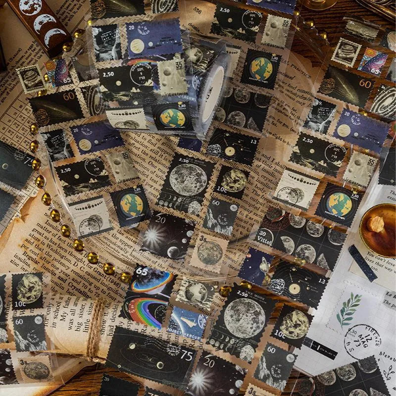 Roll of retro-design stamp stickers for journal decoration, 55mm wide.