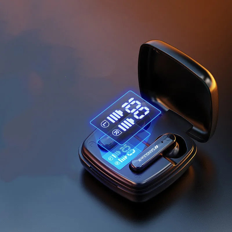 Dark night black wireless Bluetooth semi-in-ear earbuds with a digital battery display.