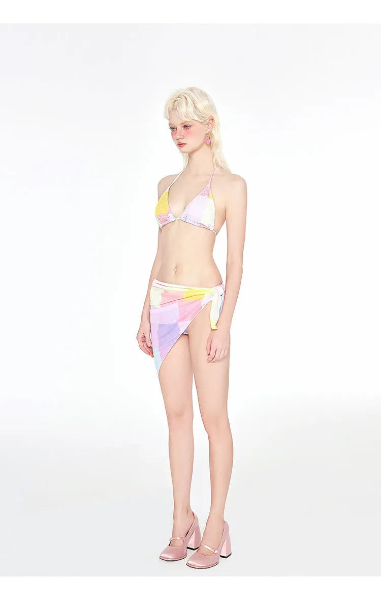Rainbow Pink triangle bikini swimsuit set with wireless cups and chest pads