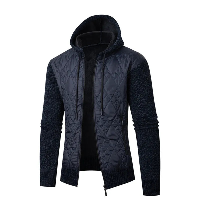 Men's gray hooded sweater coat with cinched waist in wool corduroy fabric