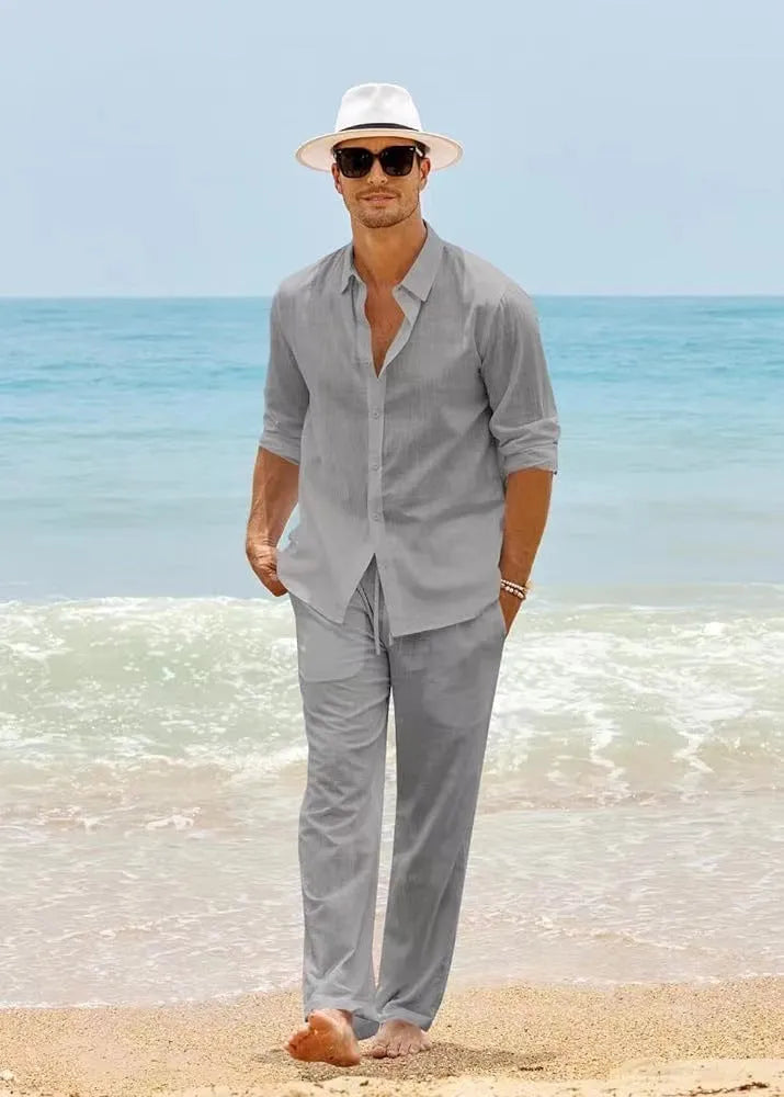 Men's cotton long sleeve top and trousers casual set in white, black, grey, khaki, or sky blue