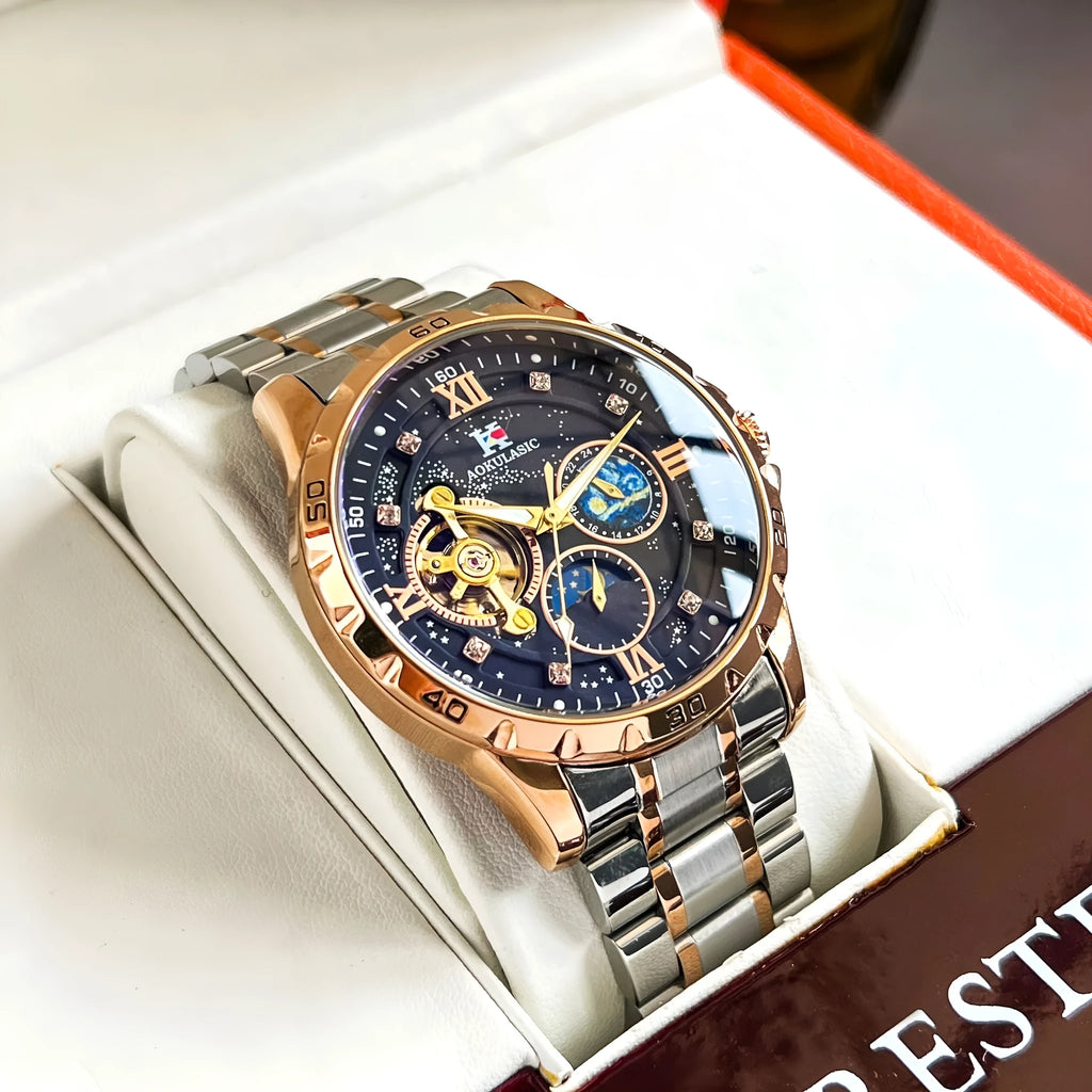 Automatic mechanical men's watch with large black dial and rose gold shell.