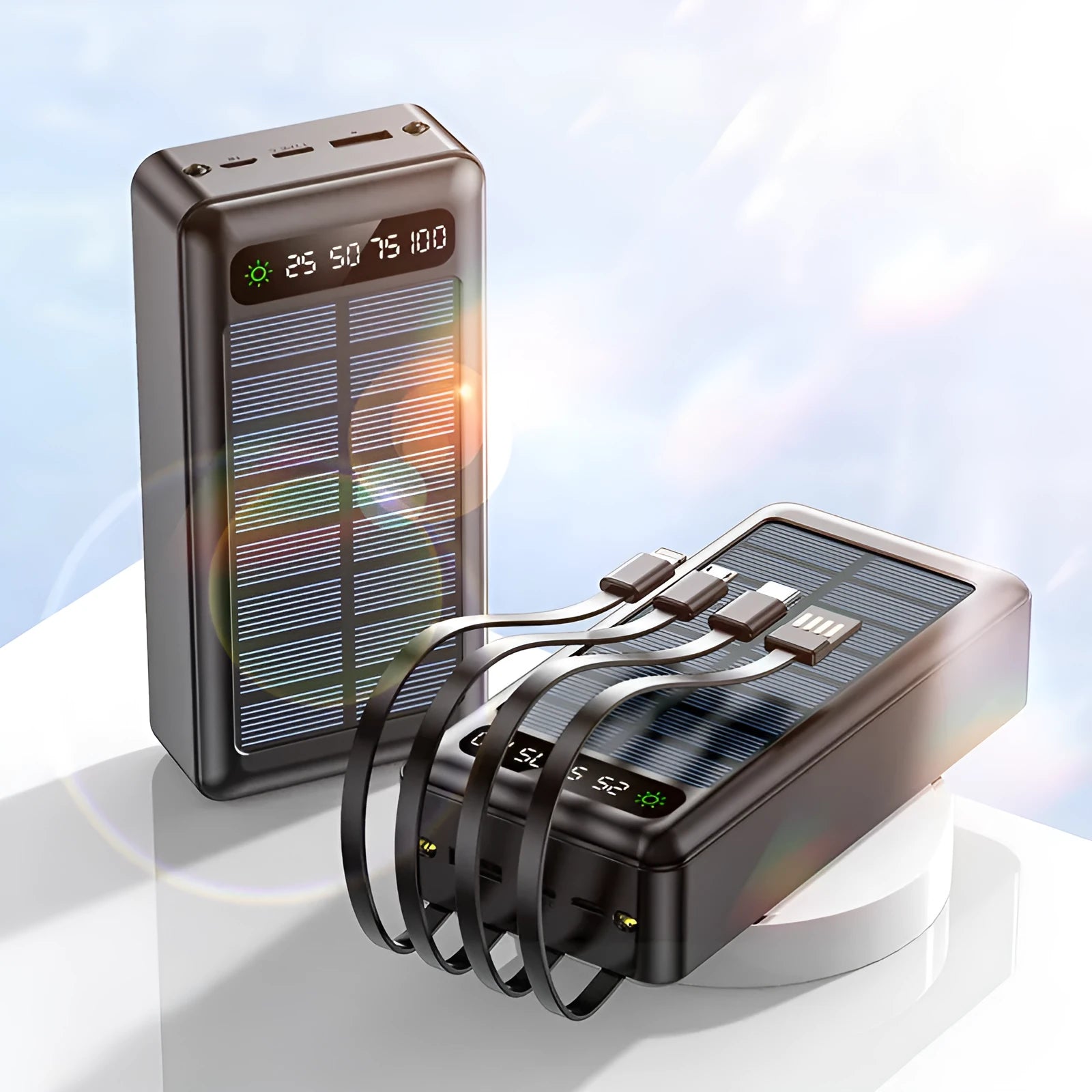 Solar power bank with charging cable 30000mAh capacity in black industrial plastic case