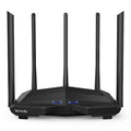 Black AC11 wireless router showing four Gigabit Ethernet ports on the back.