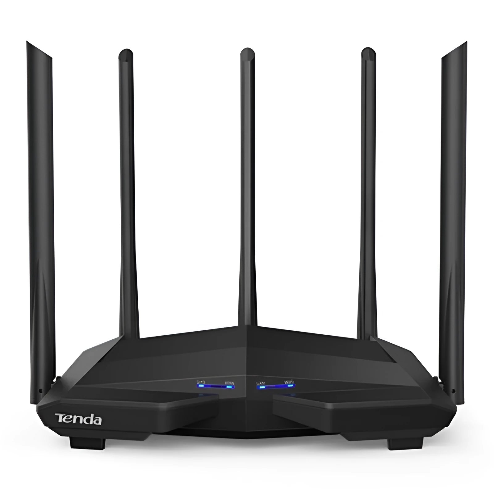 Black AC11 wireless router showing four Gigabit Ethernet ports on the back.
