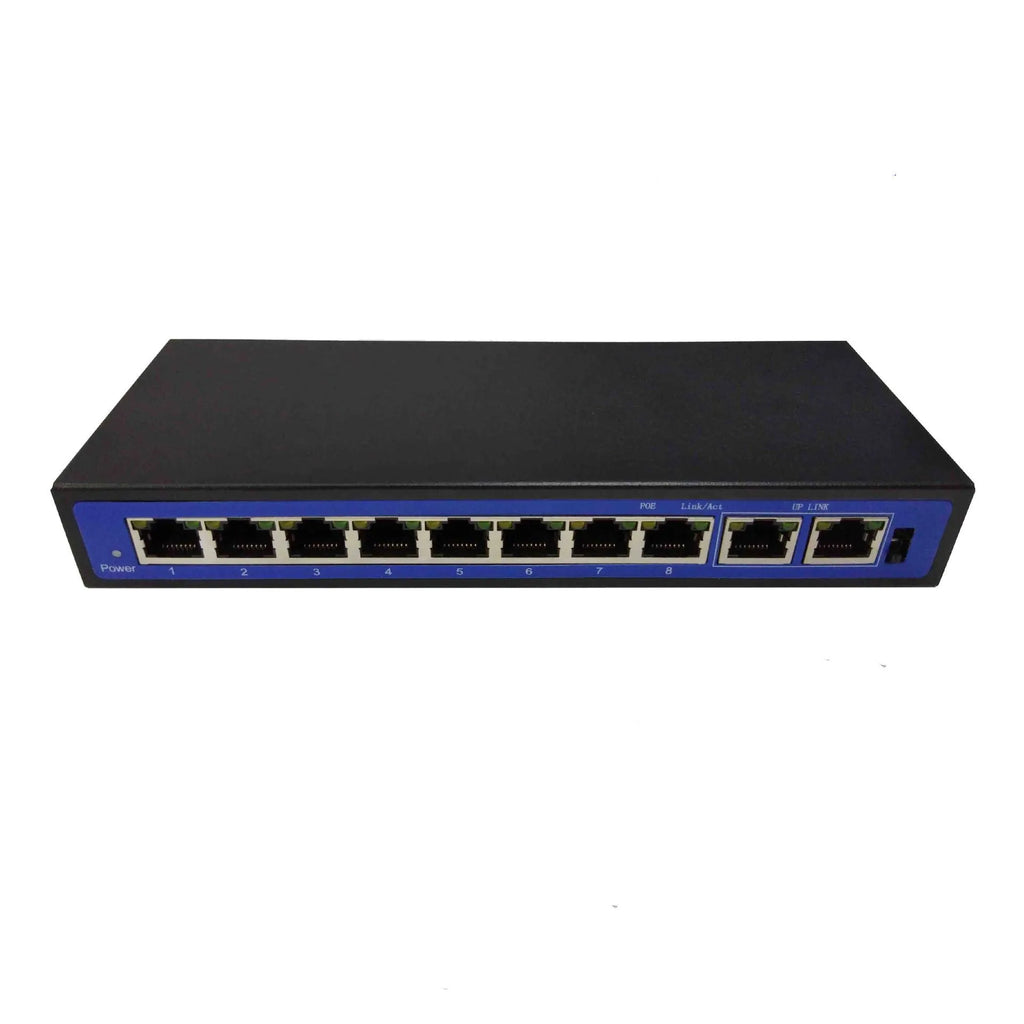 8+2 port 100M POE switch with eight IEEE 802.3af/at PoE ports, two uplink Ethernet ports, and 48V 3A external power adapter.