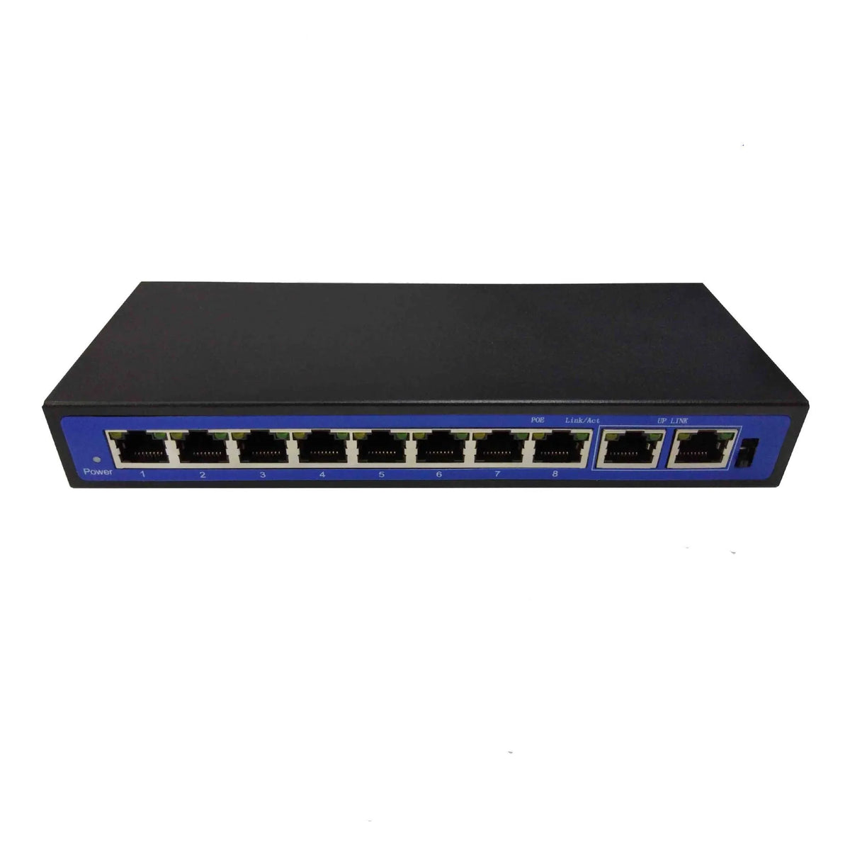8+2 port 100M POE switch with eight IEEE 802.3af/at PoE ports, two uplink Ethernet ports, and 48V 3A external power adapter.