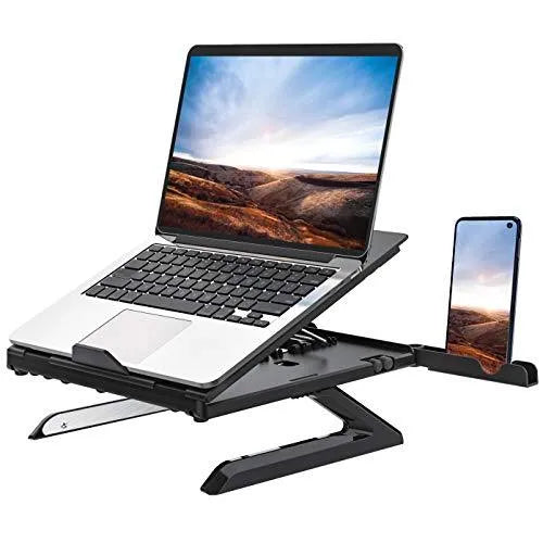 New folding laptop stand in black with 9-level angle adjustment, cooling slot, and phone holder for 10-15.6 inch laptops
