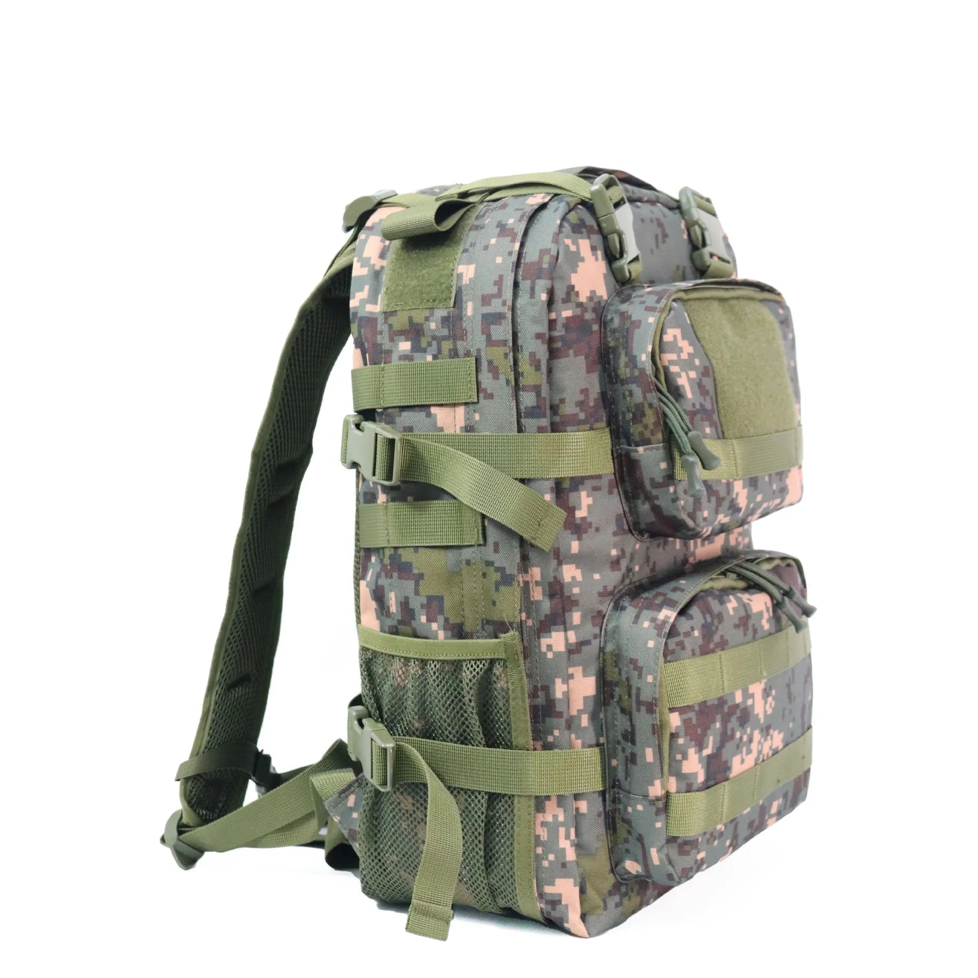 Camouflage pattern outdoor waterproof rucksack with air pillow belt system showing 30x15x46 cm dimensions