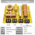 Three-way audio crossover with through-hole mounting, 400W power handling, and frequency split at 900Hz and 3750Hz