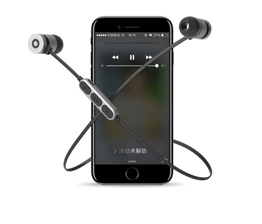 Metal magnetic sports Bluetooth wireless headset with neck-mounted design and in-ear buds