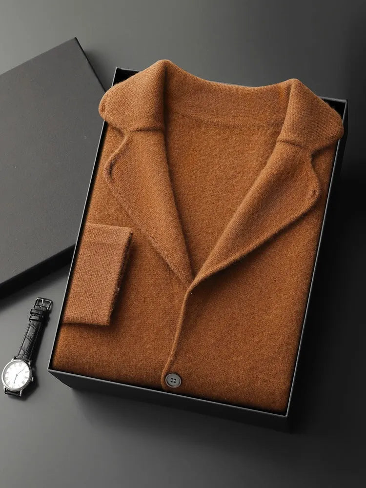 Men's loose grey cashmere cardigan sweater on a hanger