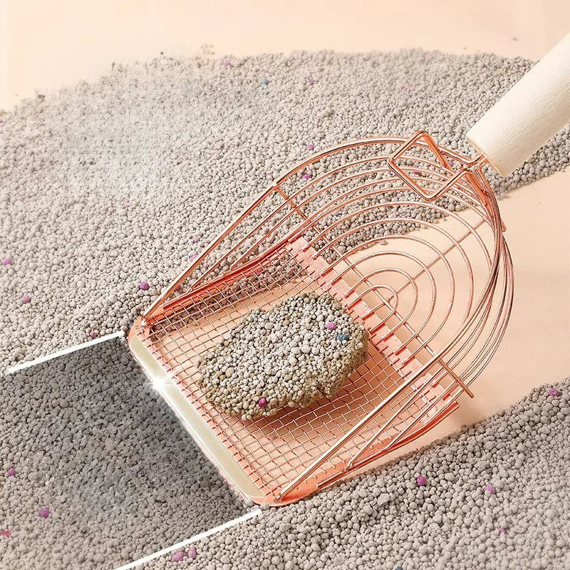 Stainless steel cat litter scoop with wooden handle in one of three available designs