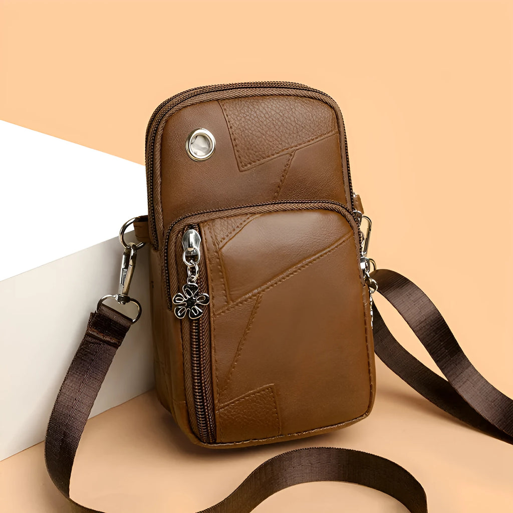 Vertical square PU mobile phone bag in multiple colour options showing sandwich pocket design