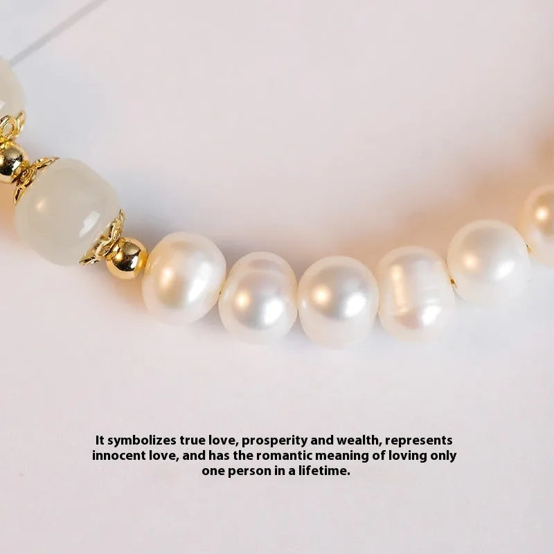 Natural freshwater pearl bracelet with diamond-shaped beads in an electroplated Hetian jade colour.