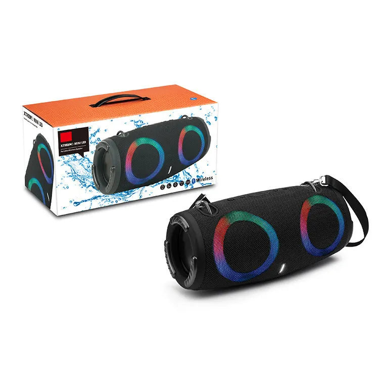 Portable war drum design Bluetooth speaker with RGB coloured lights in blue, black, red, silver grey, or camouflage.
