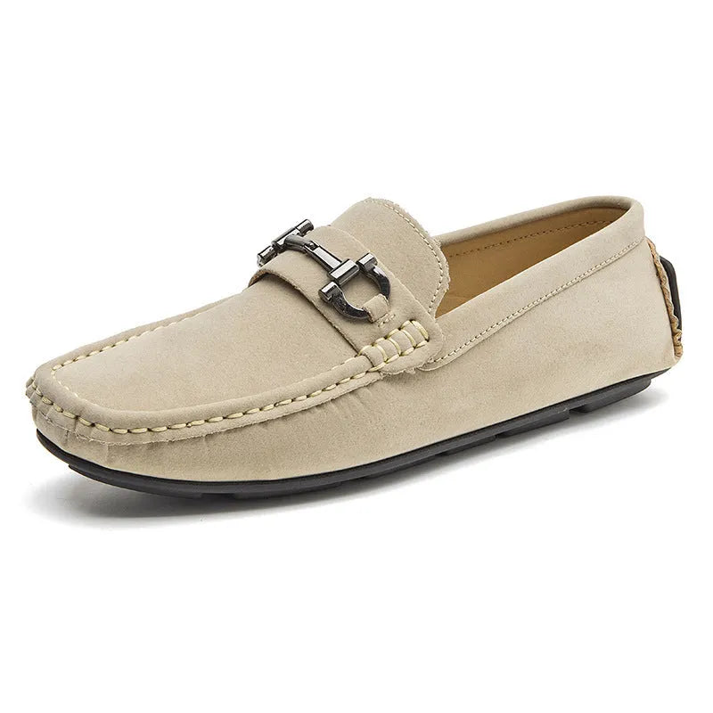 Men's casual leather slip-on loafers in beige with round toe and rubber sole