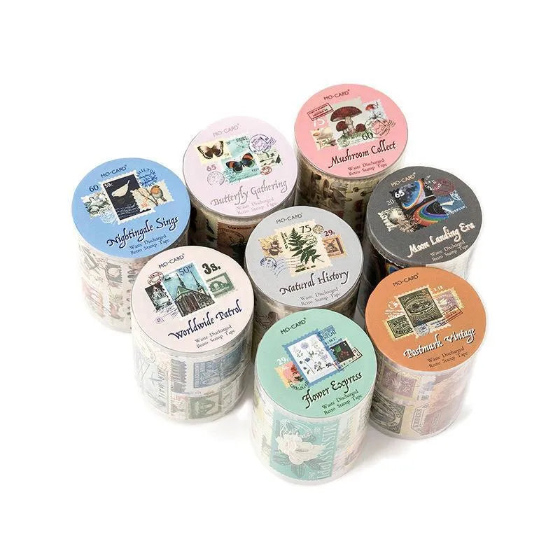 Roll of retro-design stamp stickers for journal decoration, 55mm wide.