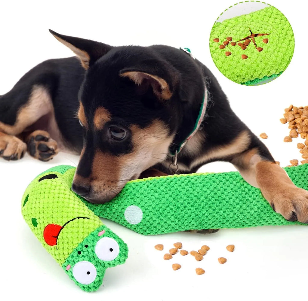 Squeak dog toy in frog snail or snake design with foraging holes and velvet texture
