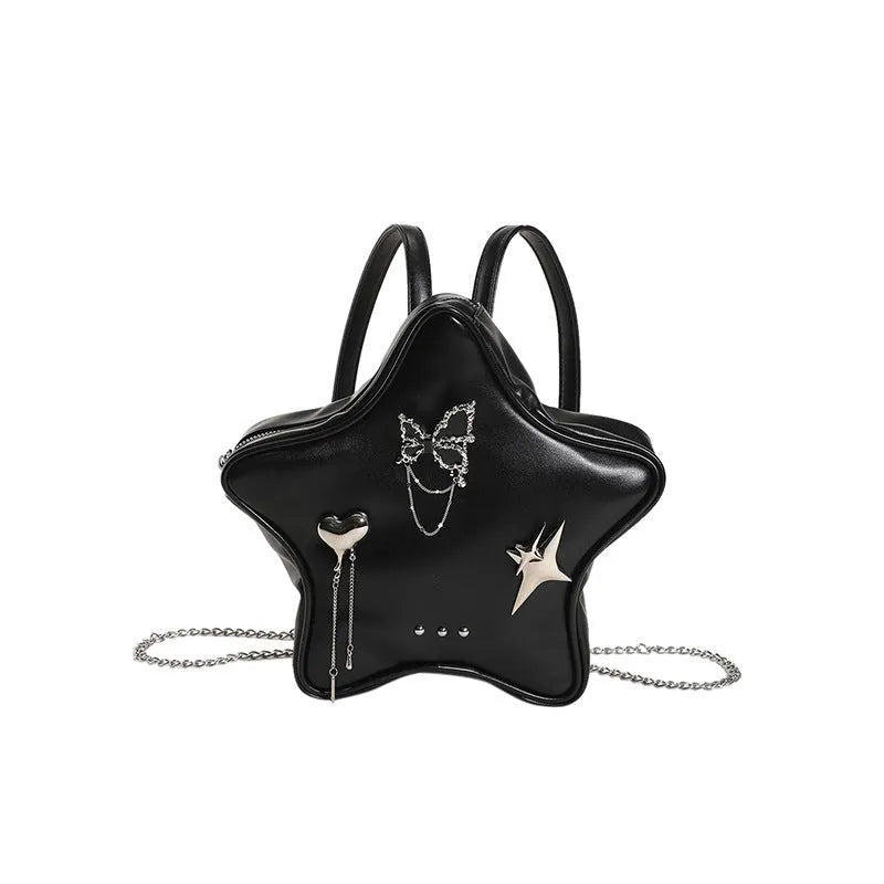 Black street trend backpack with metal butterfly pendant and chain details.