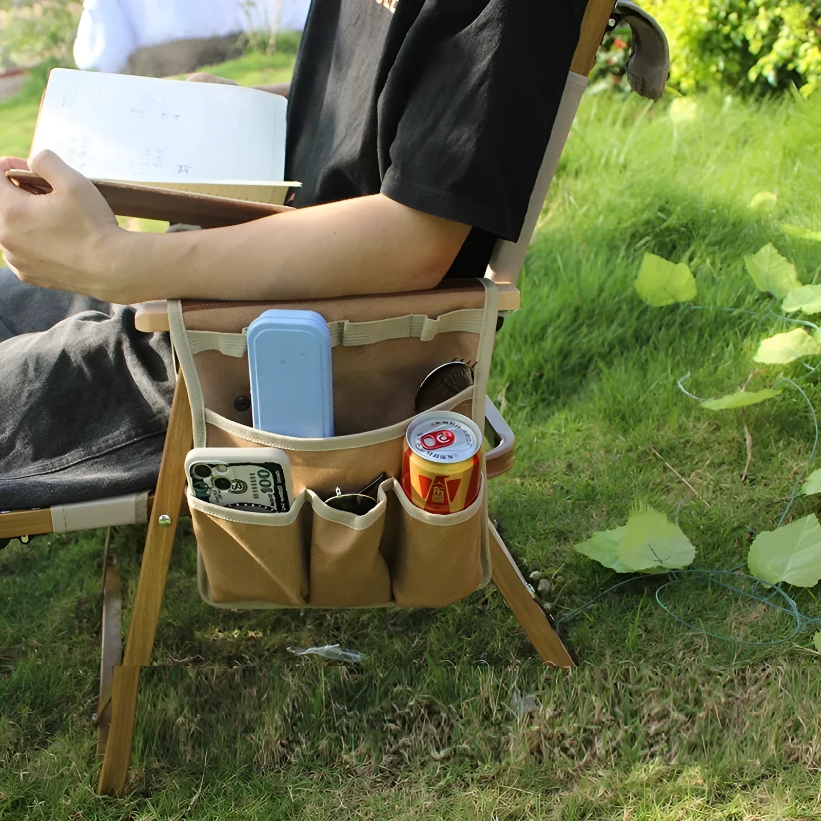 Canvas multifunctional storage bag for outdoor camping, side hanging, armrest design, available in black