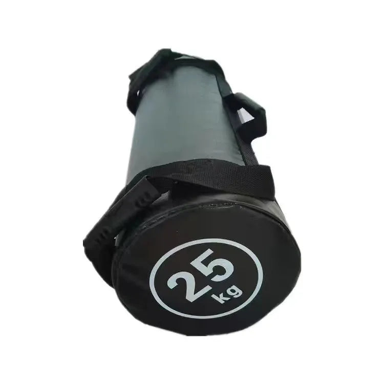 White PVC fitness training sandbag for weight lifting and gym exercises.