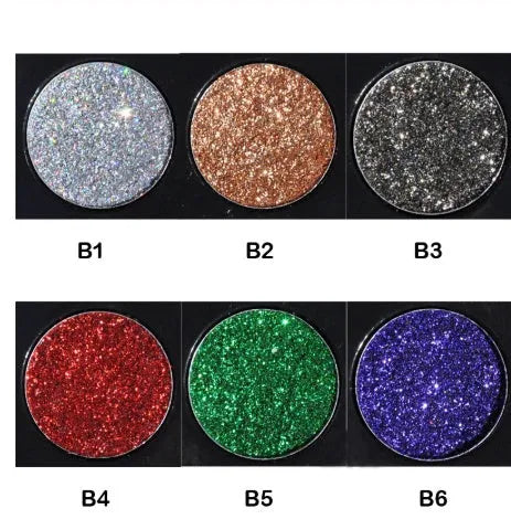Sequin eye shadow tray with 6 colours in a 10 cm by 7.8 cm by 0.9 cm palette